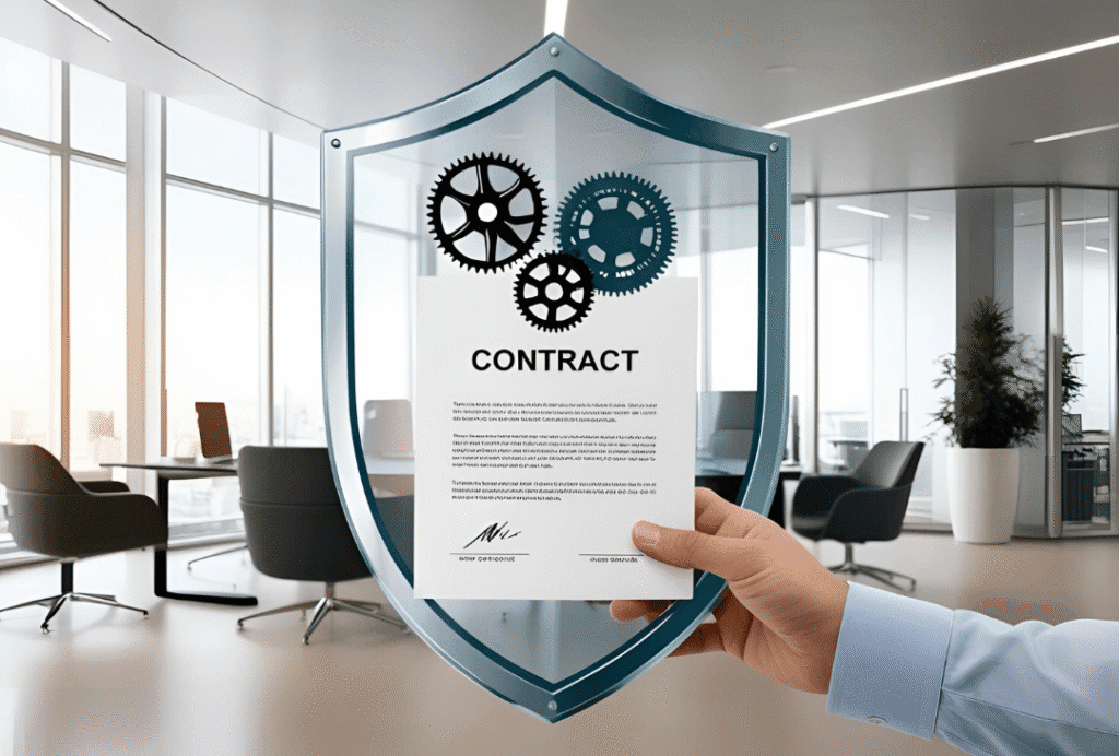 Contrato protegido por escudo transparente con engranajes visibles, simbolizando la prevención legal inteligente usada por abogados en Colombia para evitar litigios.