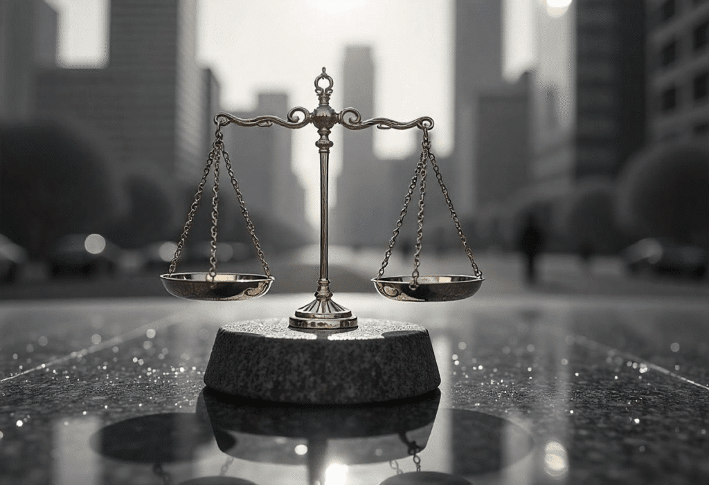 Abogados en Colombia utilizan la ética como ventaja competitiva: balanza de la justicia sobre escritorio moderno con luz natural, simbolizando integridad y confianza.