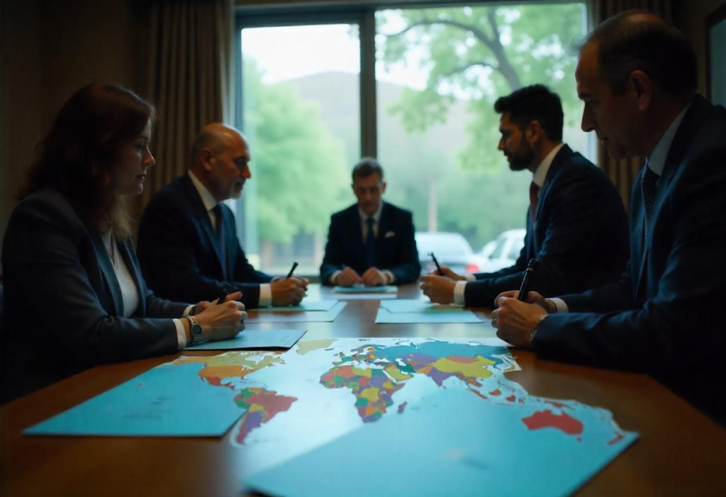Reunión profesional entre personas de diversas culturas en entorno corporativo, reflejando la capacidad de abogados colombianos para negociar en contextos internacionales.